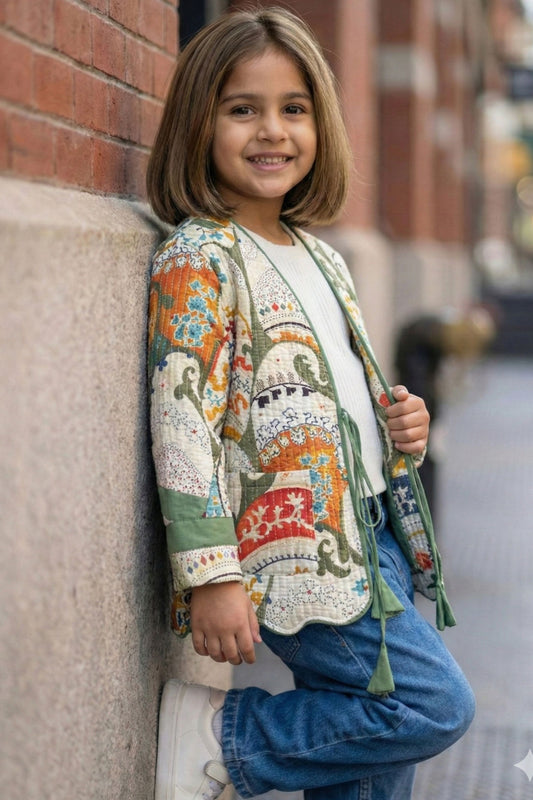 Girls Pure Cotton Printed Quilted Warm Jacket - White