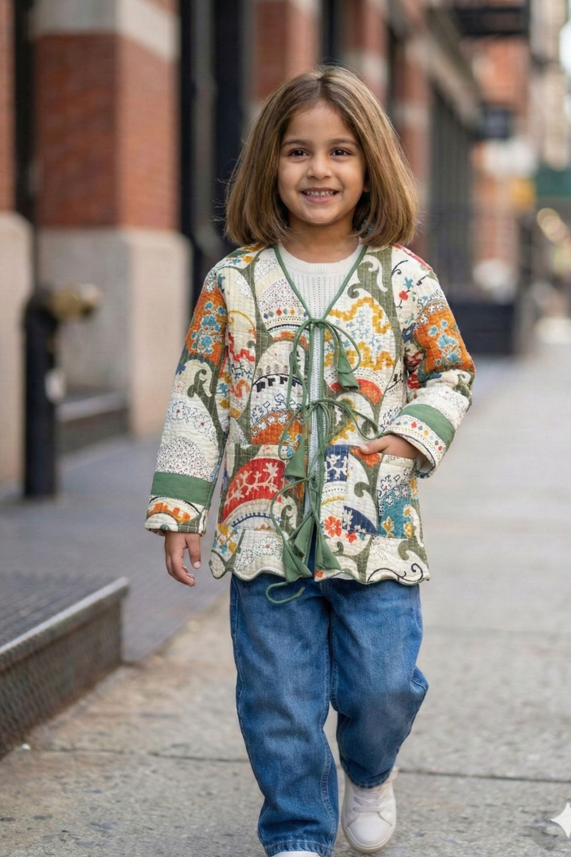 Girls Pure Cotton Printed Quilted Warm Jacket - White