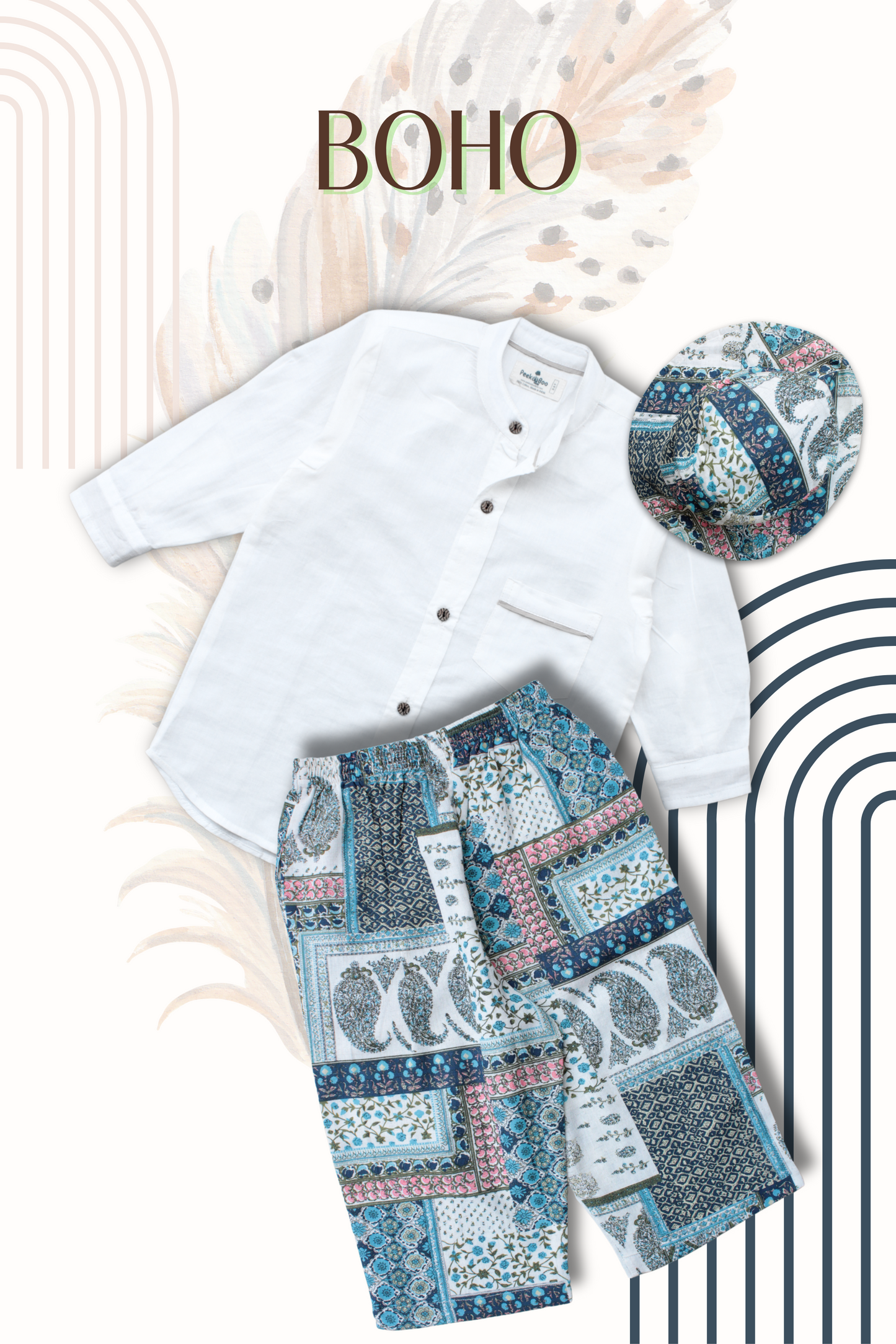 Boys Boho Resort Wear Set - White & Skyblue