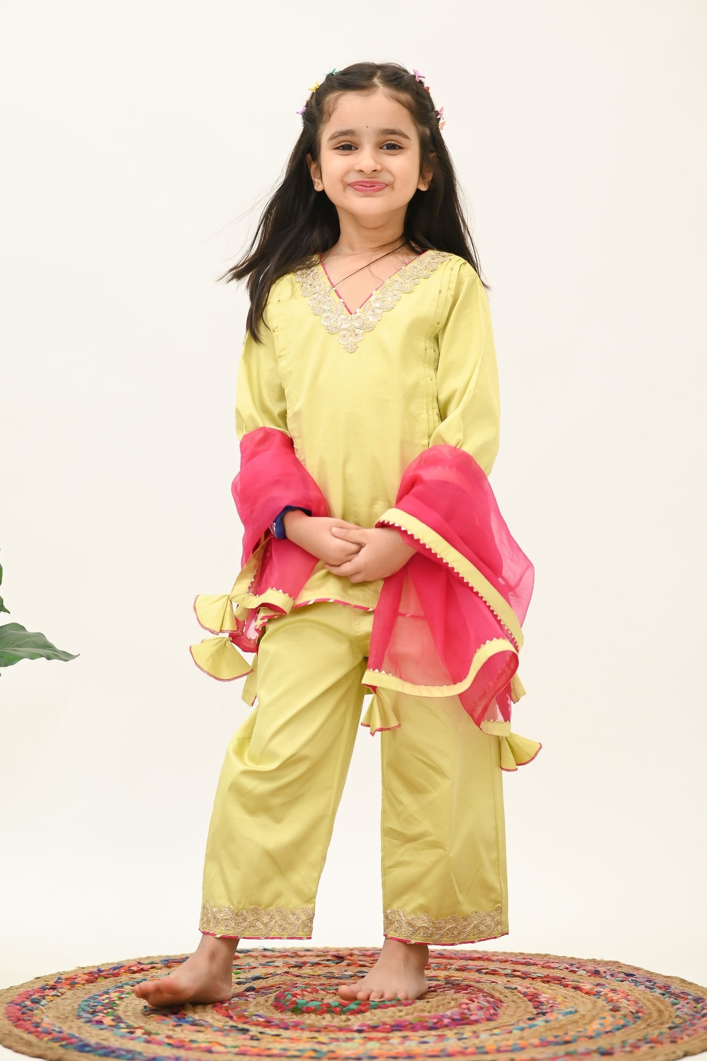 Girls Meher Kurti and Pant ethnic set with Dupatta - Pista Green