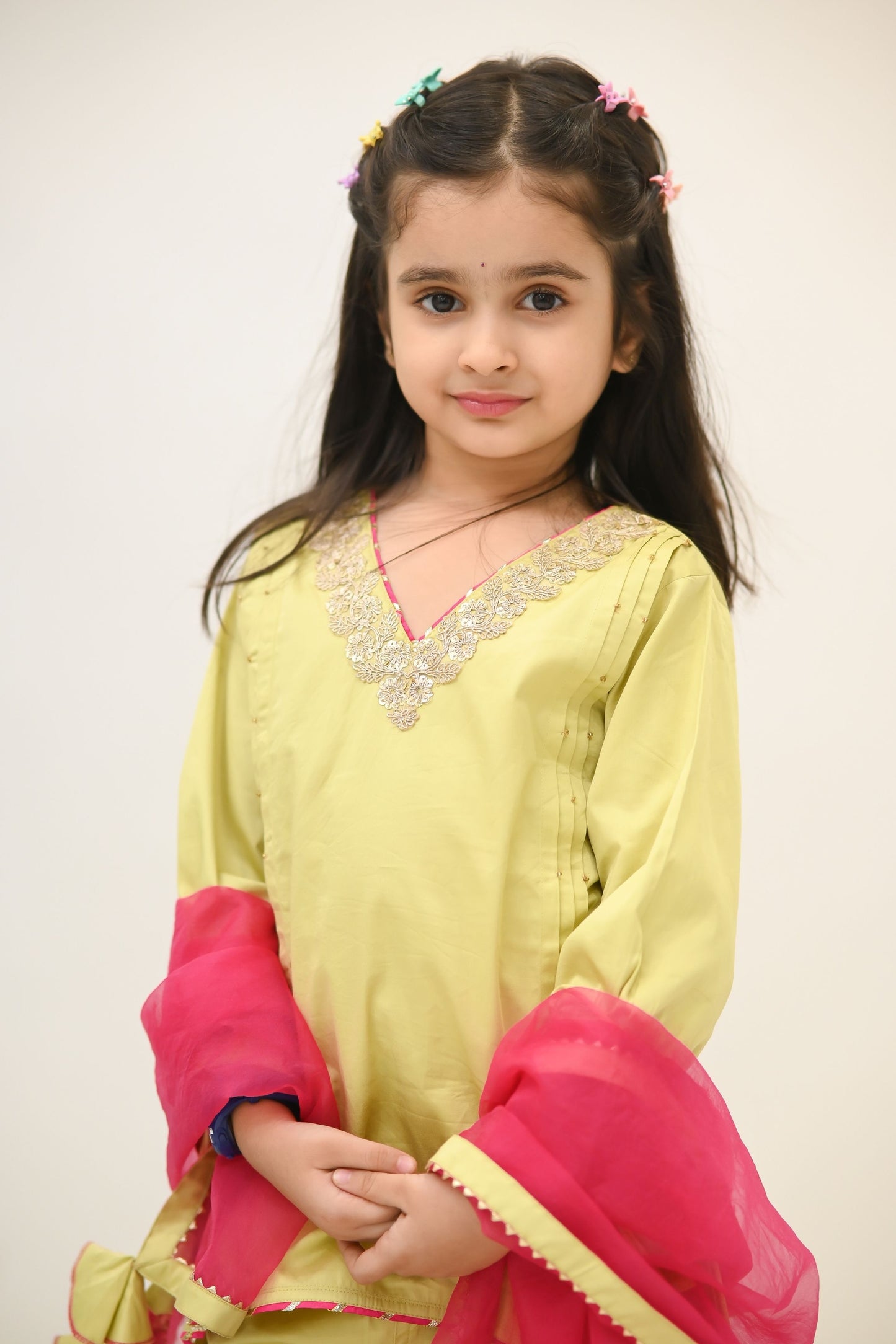 Girls Meher Kurti and Pant ethnic set with Dupatta - Pista Green