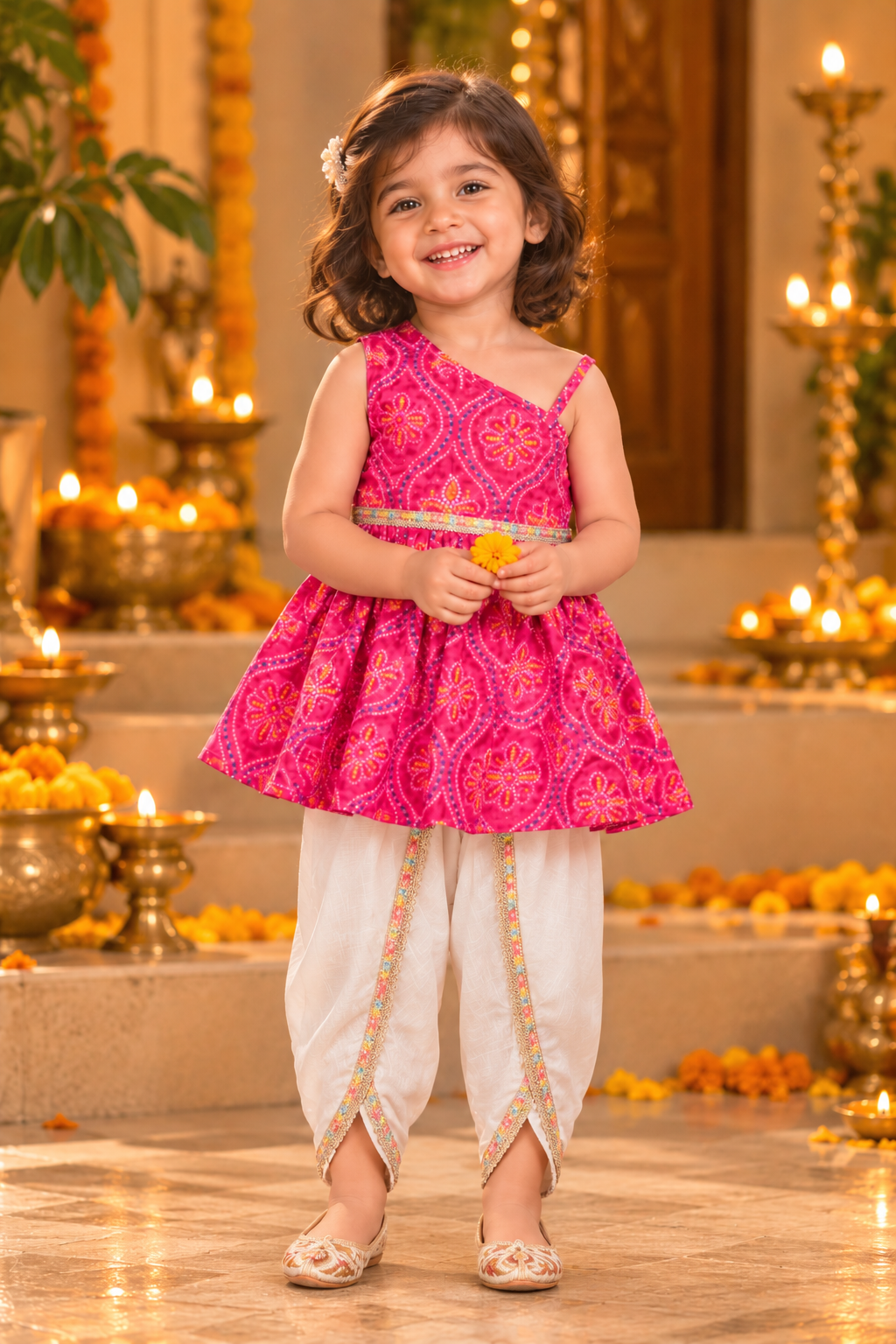 Girls Saavan Pure Cotton Ethnic Clothing set - Pink Bandhej