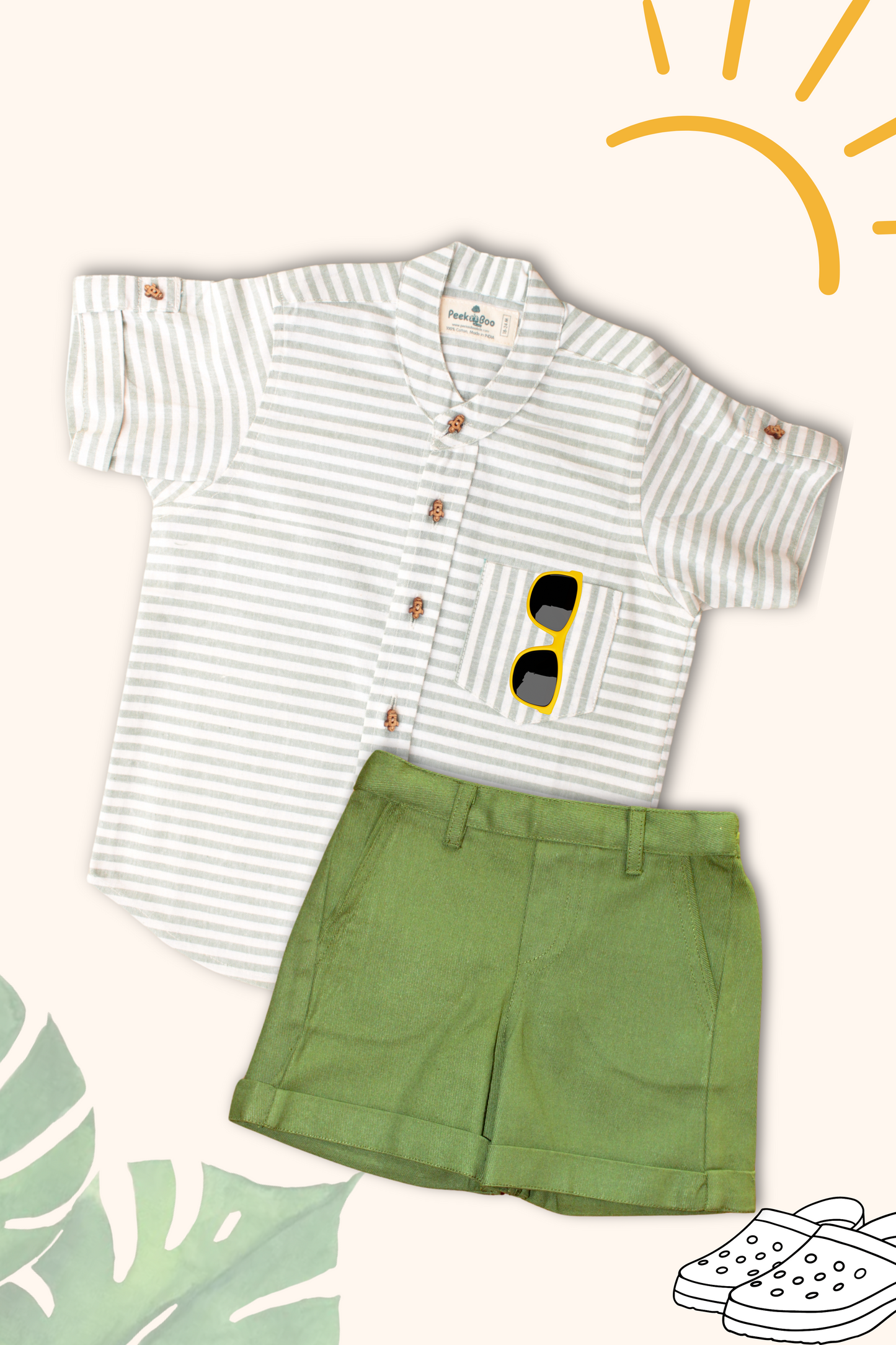 Boys Pure Cotton Clothing Set - Green Striped Half Sleeve Shirt & Olive Shorts - Peekaaboo Kids - Above 1000, Boys, Clothing Set, Featured