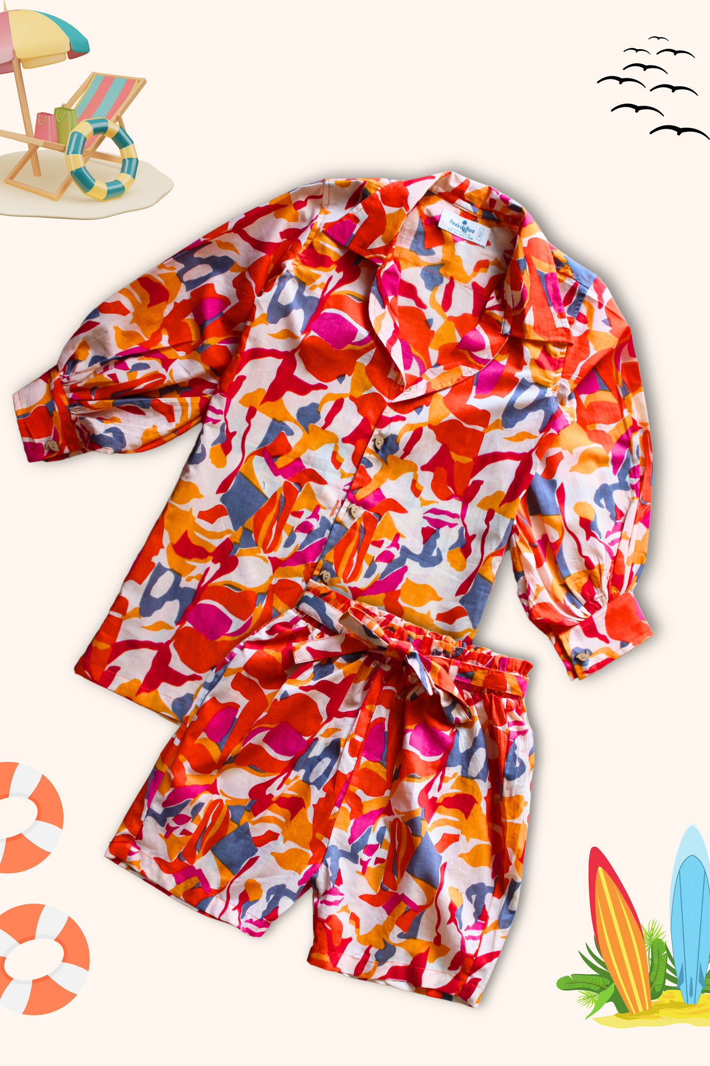 Girls Pure Cotton Printed Resort Wear - Red Orange - Peekaaboo Kids - Above 1000, Clothing Set, Coord Set, Girls, Resort Wear