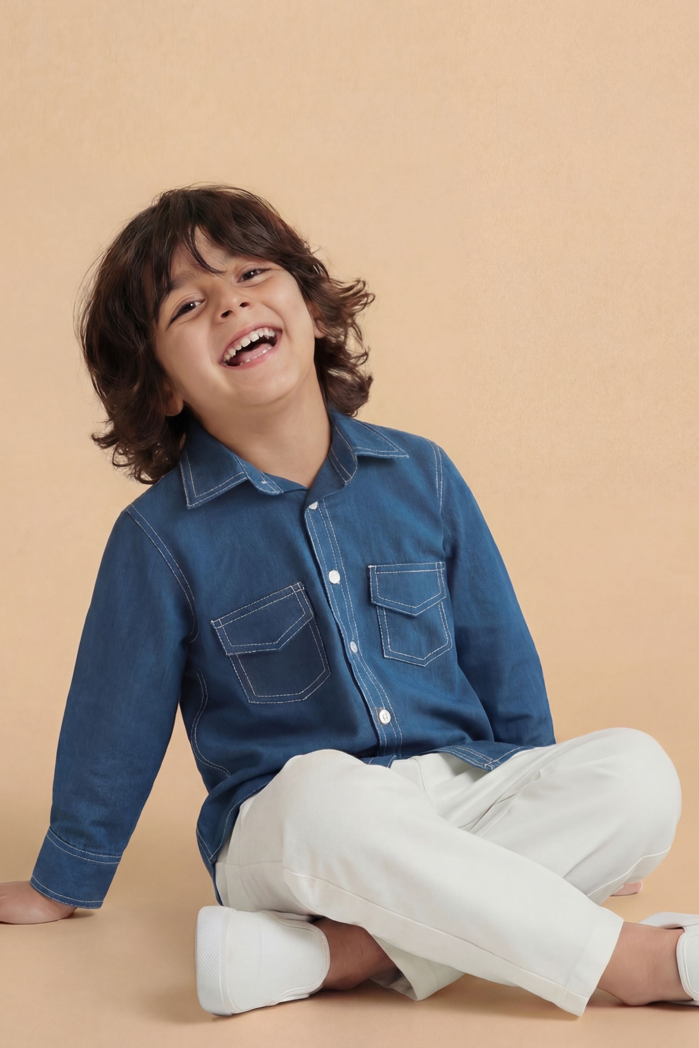 Boys Rebel Pure Cotton Shirt in denim style - Teal Blue