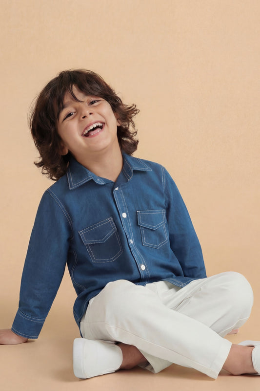 Boys Rebel Pure Cotton Shirt in denim style - Teal Blue