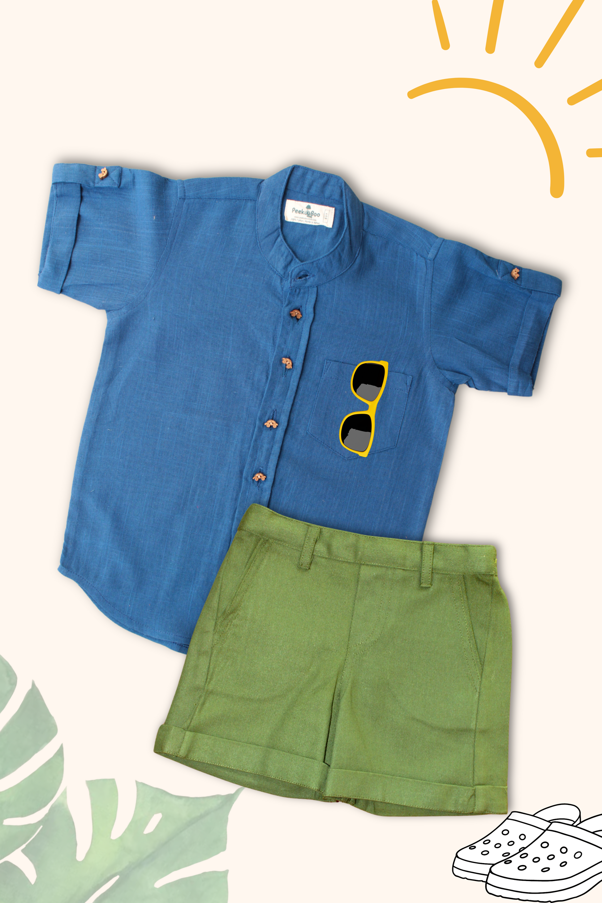 Boys Pure Cotton Clothing Set - Blue Half Sleeve Shirt & Olive Shorts - Peekaaboo Kids - Below 1000, Boys, Clothing Set, Featured