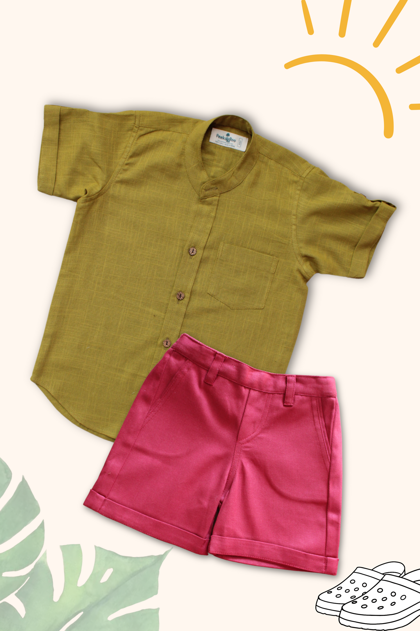 Boys Pure Cotton Clothing Set - Green Half Sleeve Shirt & Shorts