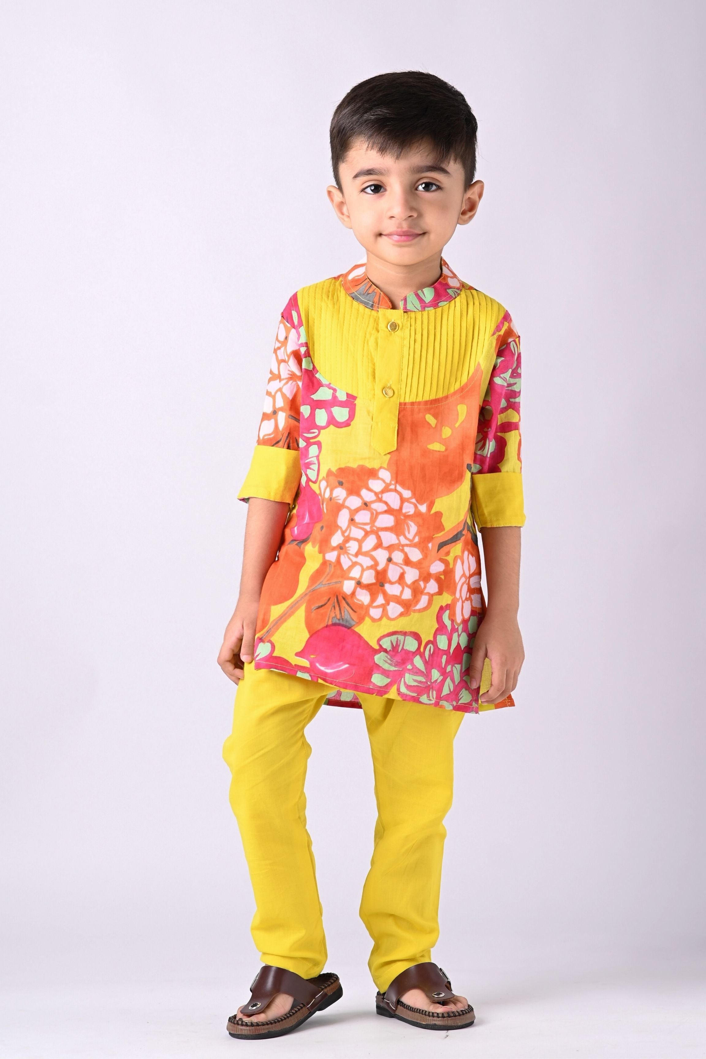 Boys Rangrez Color Block Kurta & Pant set (Yellow/Green)