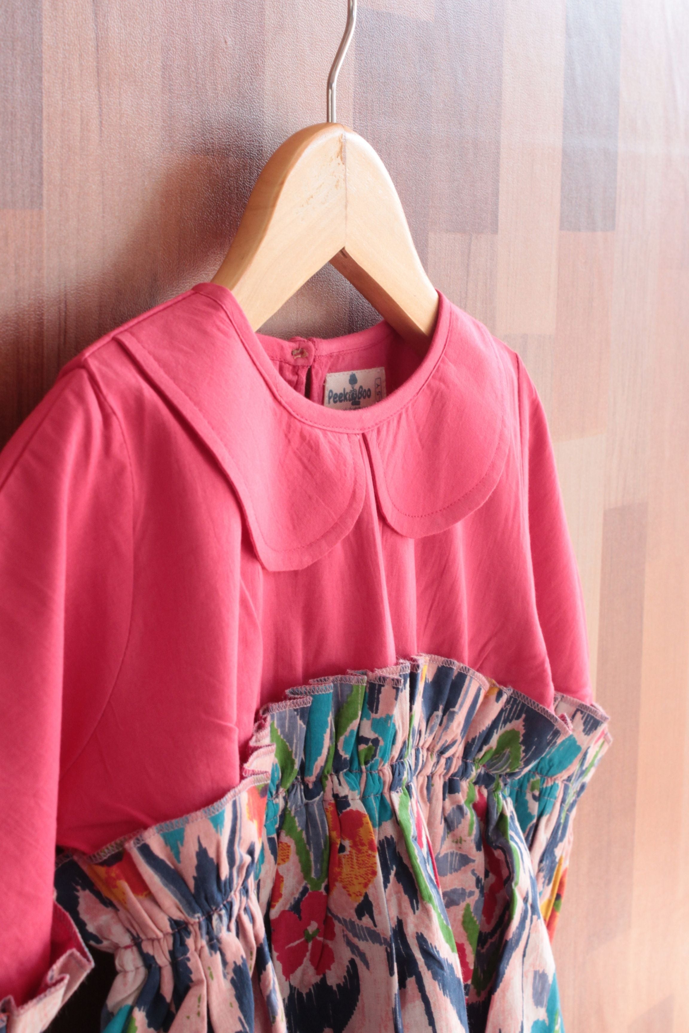 Girls Pure Cotton Asymmetrical Colorblock Dress - Red / Orange