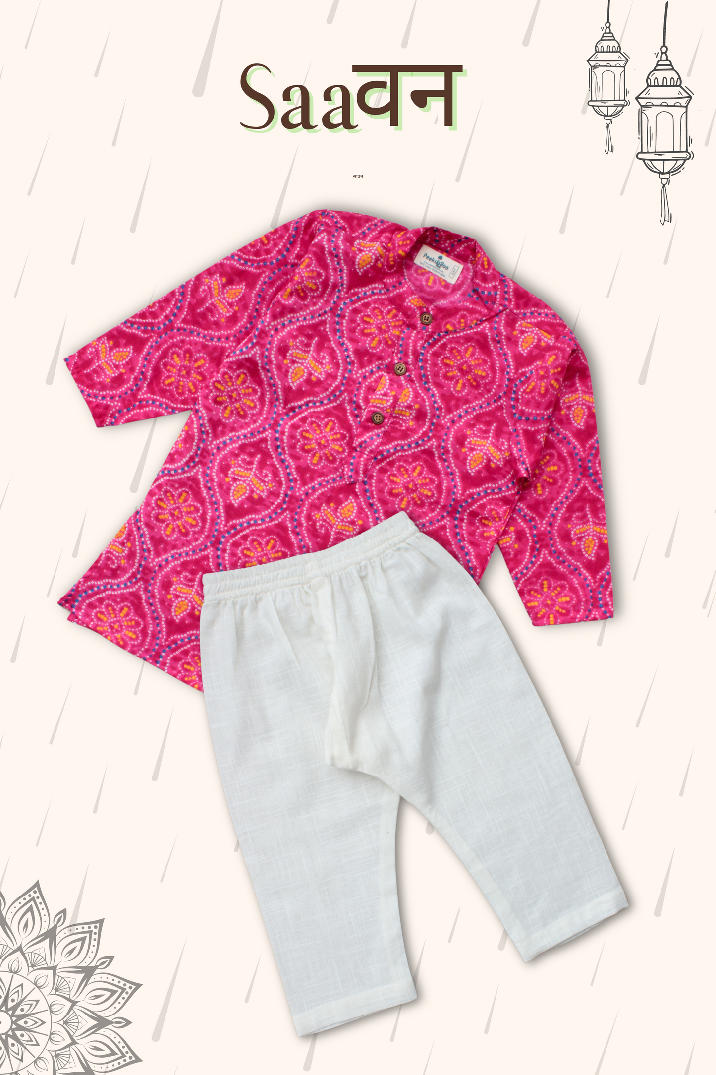 Boys Saavan Pure Cotton Ethnic Clothing set - Pink Bandhej