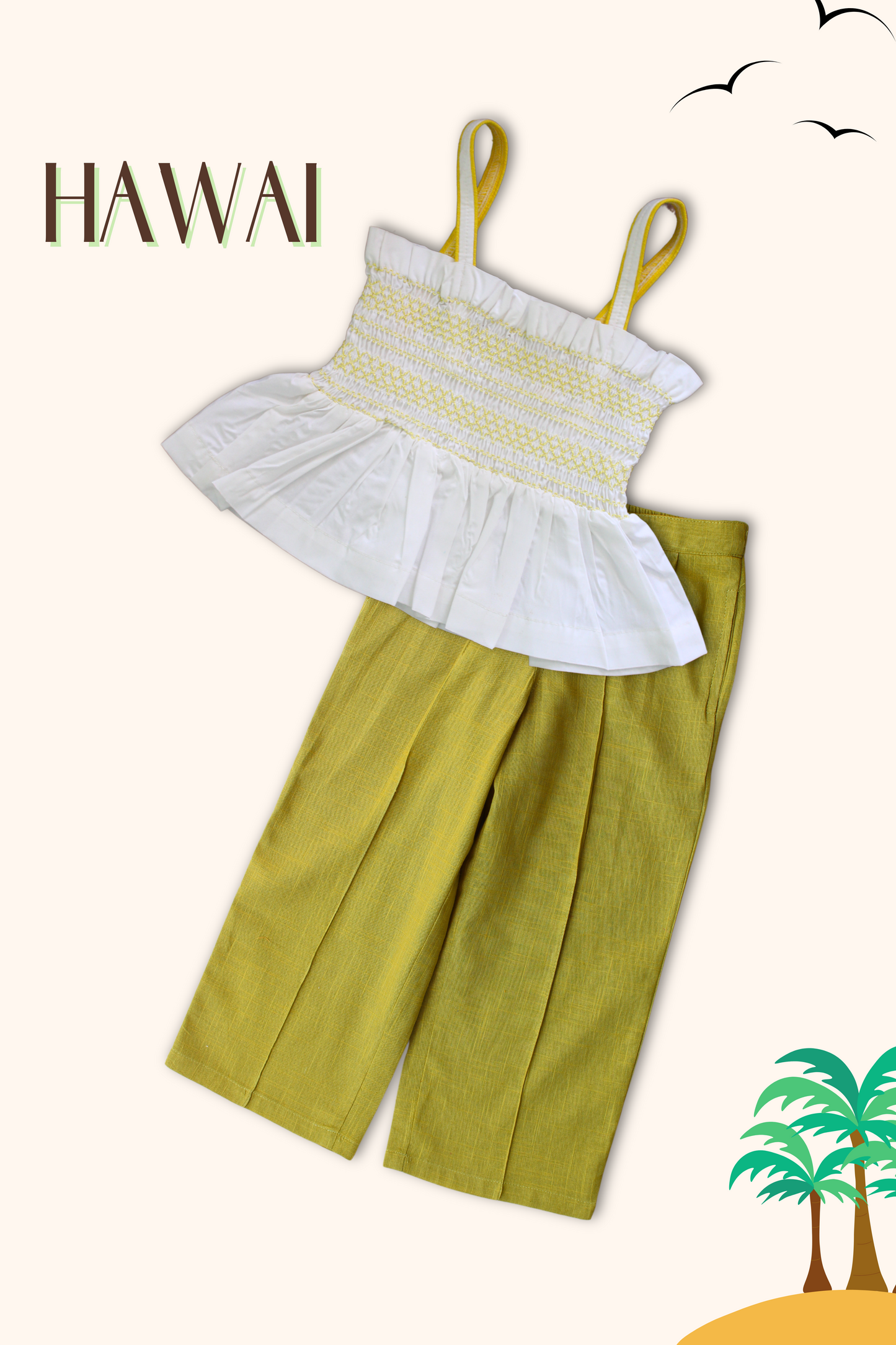 Girls Hawai Smocked Crop Top & Pleated Pants - Peekaaboo Kids - Above 1000, Clothing Set, Coord Set, Featured, Girls, Resort Wear