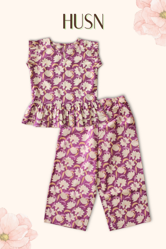 Girls Husn Pure Cotton Clothing Set - Purple - Peekaaboo Kids - Below 1000, Clothing Set, Coord Set, Featured, Girls, Resort Wear