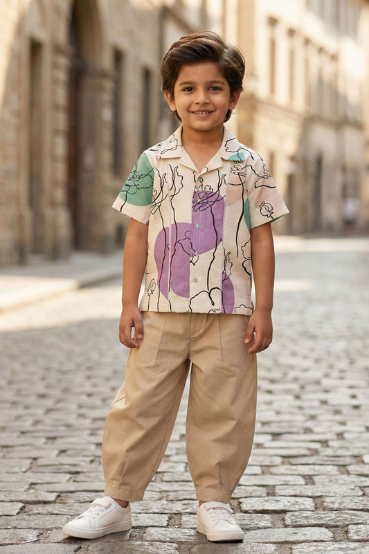 Boys Island Printed Shirt with loose fit pants - Lavendar Beige
