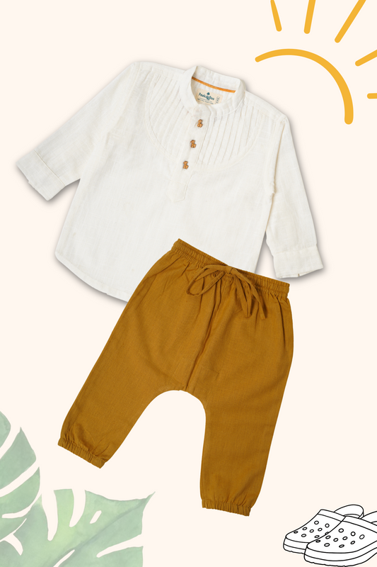 Boys Pure Cotton Clothing Set - White Pintuck Shirt & Miyani Pants