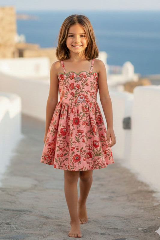 Girls Wave Pure Cotton sleeveless fit & flare dress - Peach