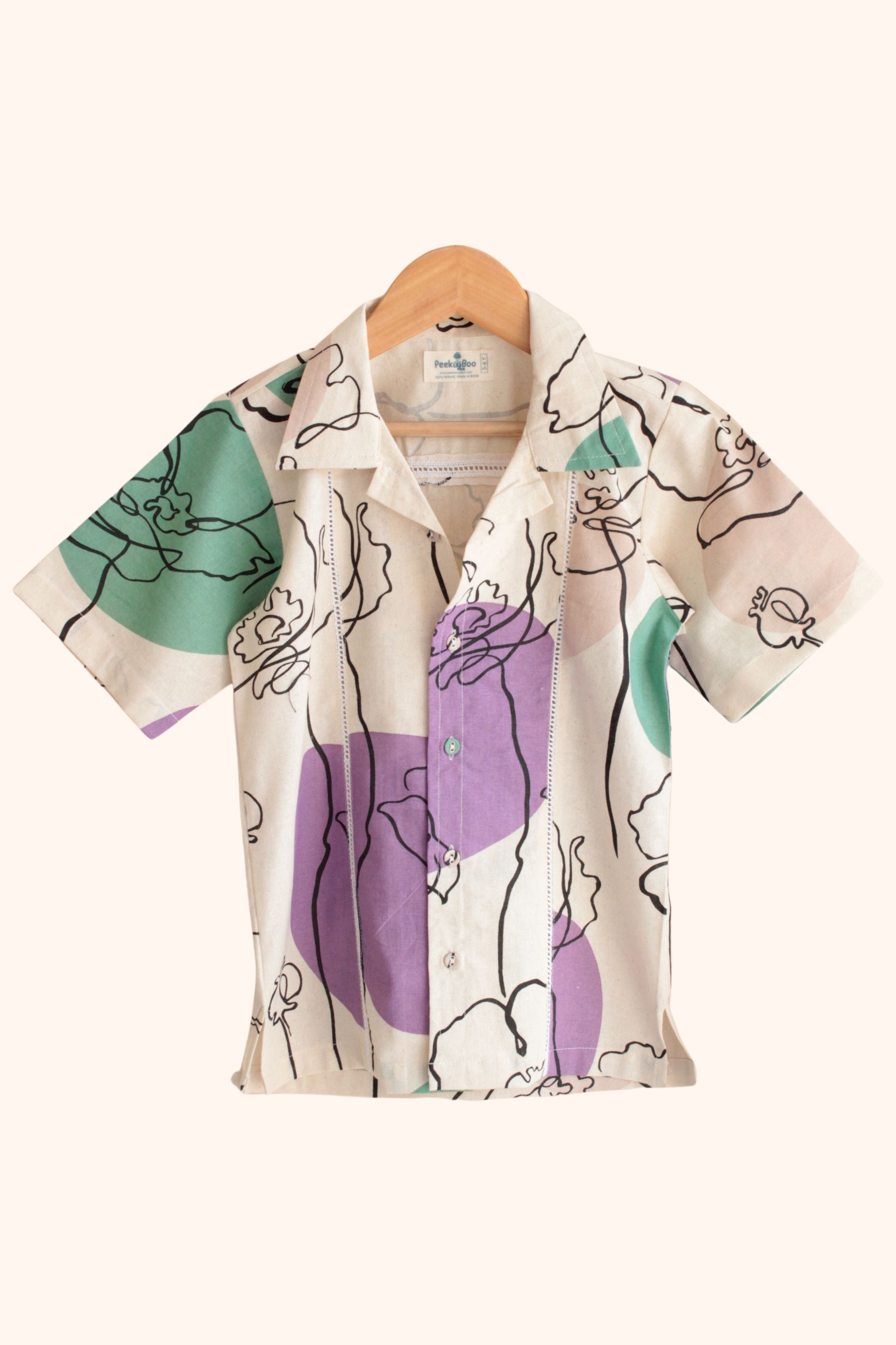 Boys Island Printed Shirt with loose fit pants - Lavendar Beige