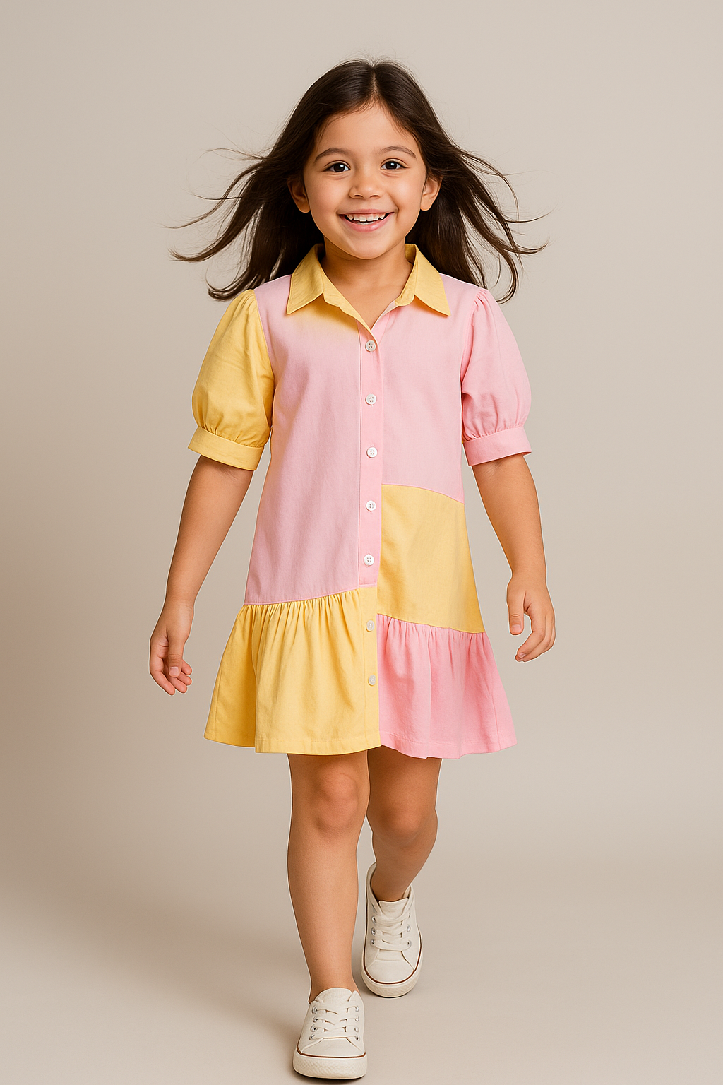 Girls Cassata Pure Cotton Asymmetrical Color Block Dress - Yellow Pink