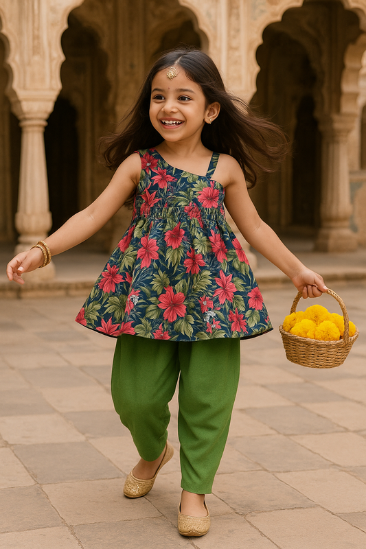 Girls Khaleesi Pure Cotton Ethnic Clothing set - Green