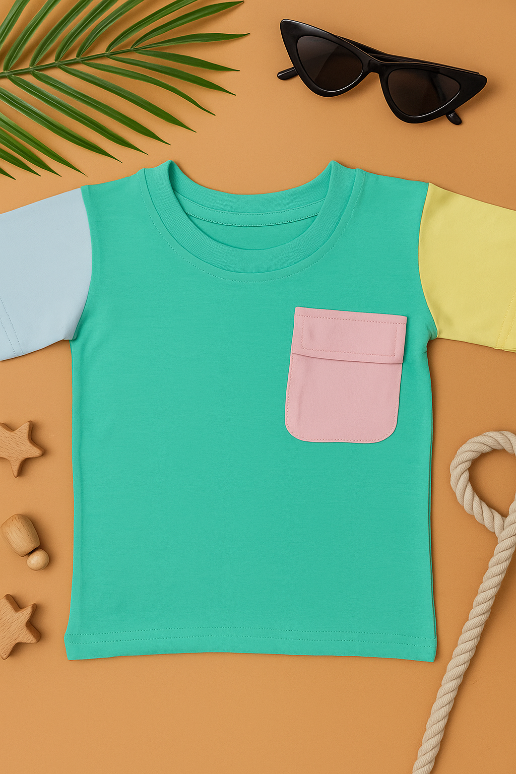 Boys 100% Cotton Knit solid color block T-shirt with 3D pocket - Green