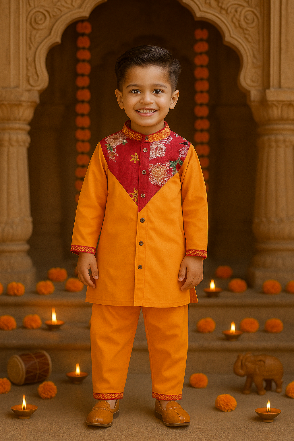 Boys Imarti Color block Kurta and pants set - Yellow