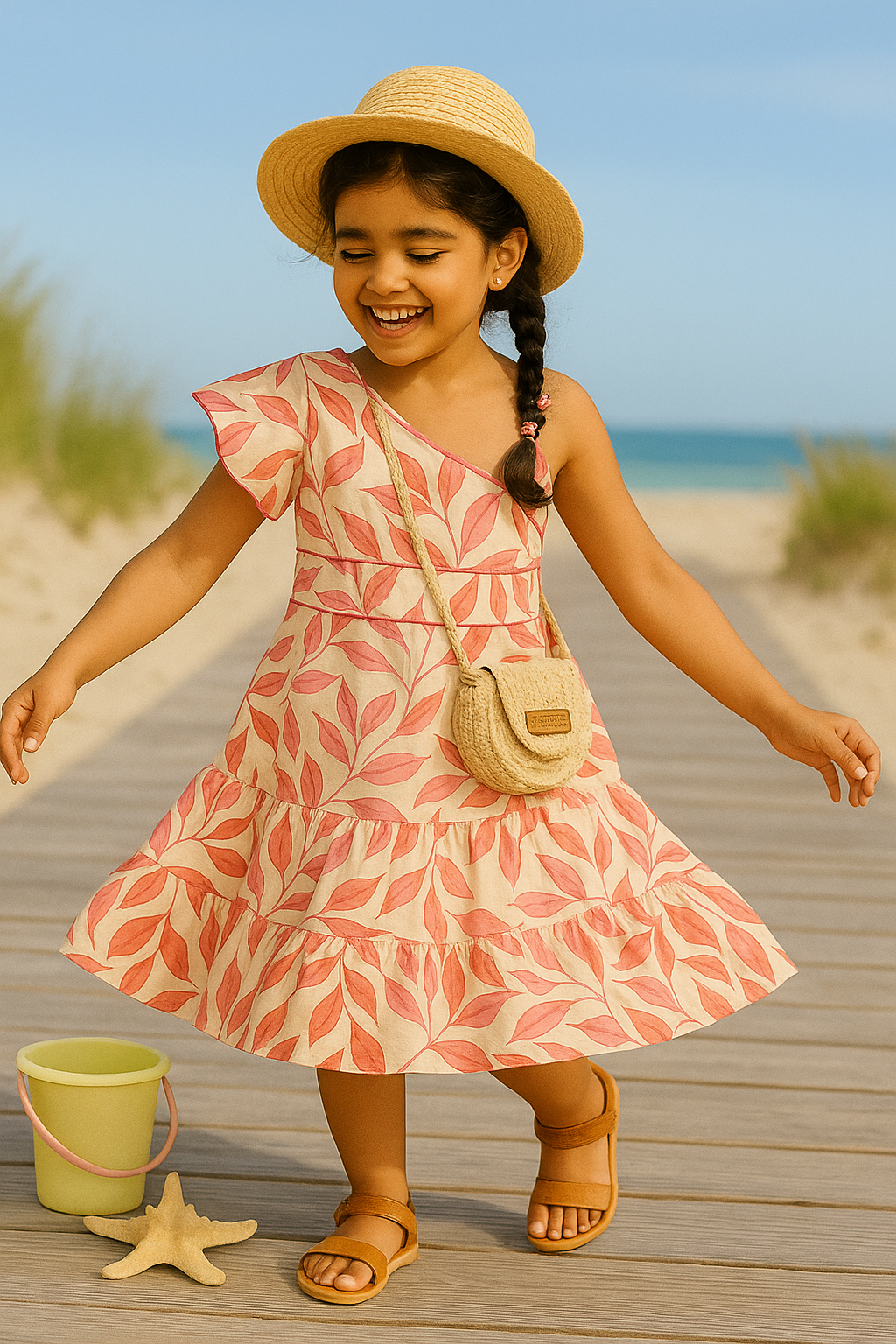 Girls Roohani Cotton Printed Long Dress - Peach