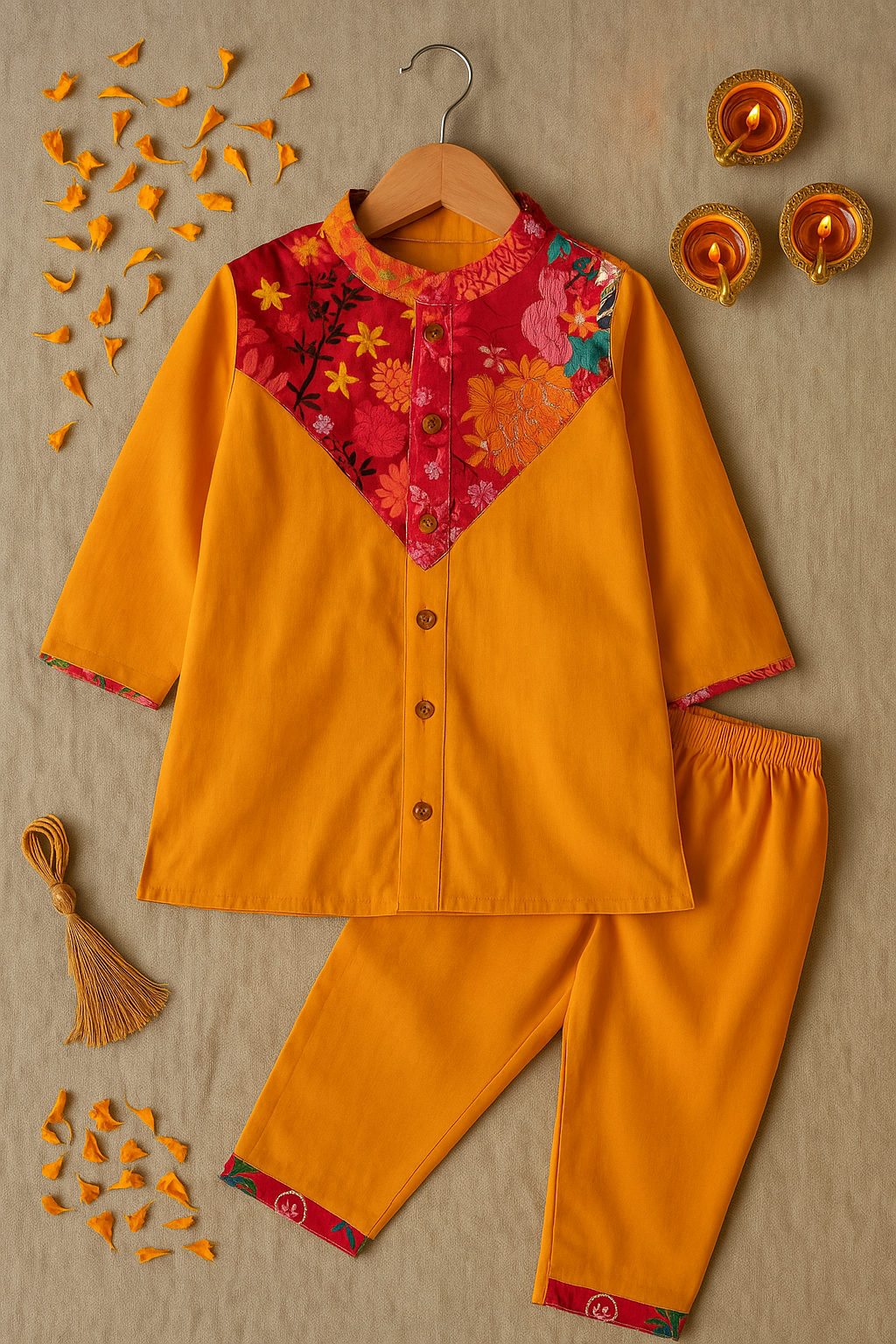 Boys Imarti Color block Kurta and pants set - Yellow