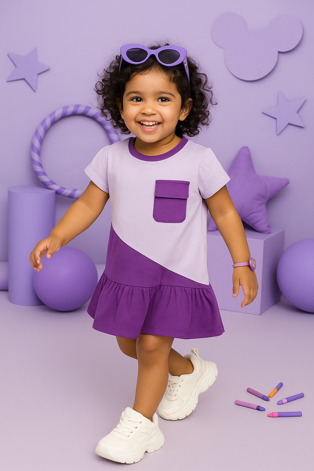 Girls 100% Cotton Knit Lavender Purple Dress with 3D pocket