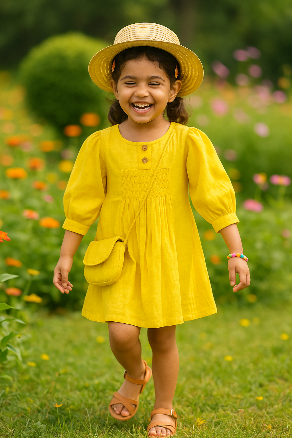 Girls Summer Cotton Dress with Pintuck Detailing - Yellow