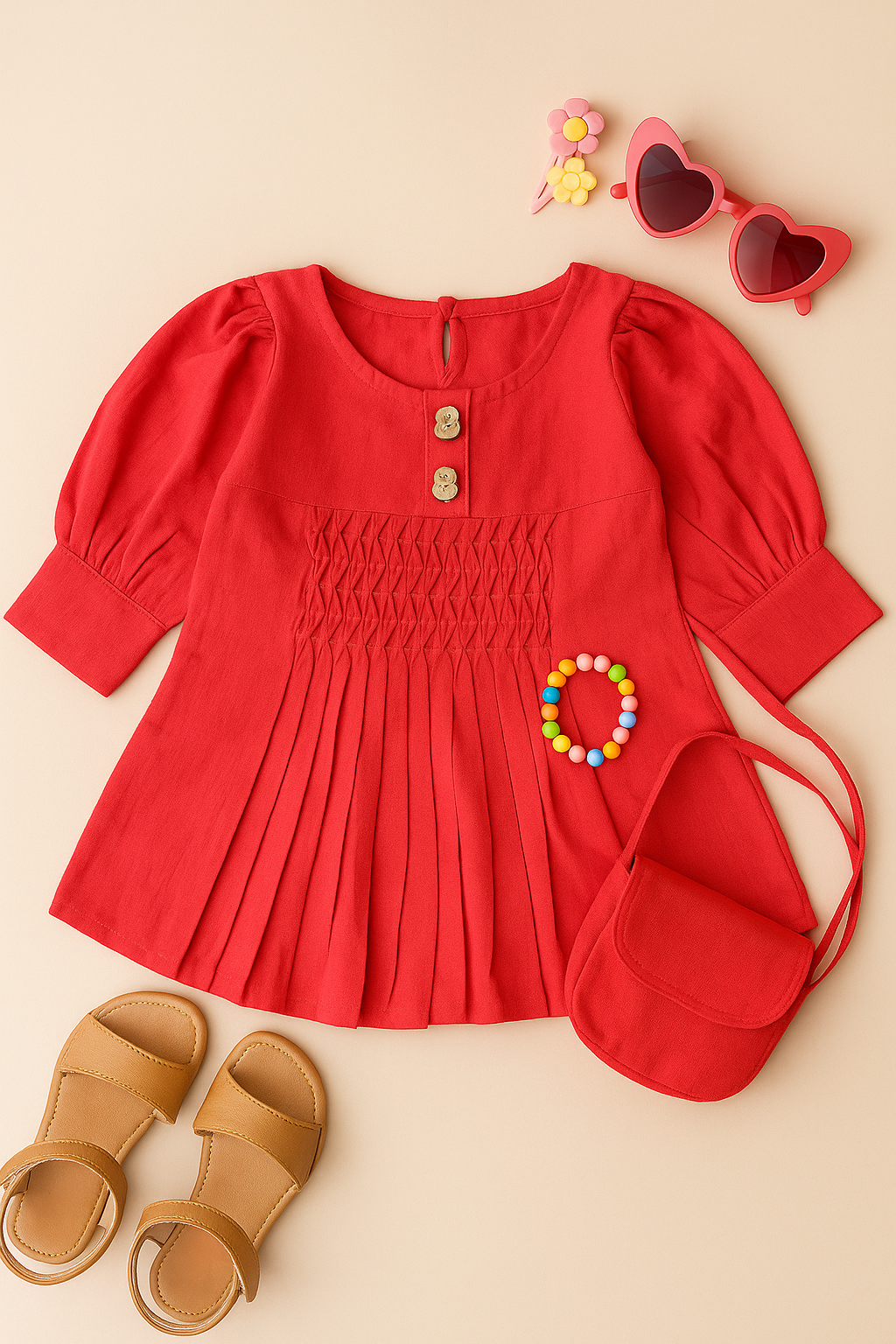 Girls Summer Cotton Dress with Pintuck Detailing - Red