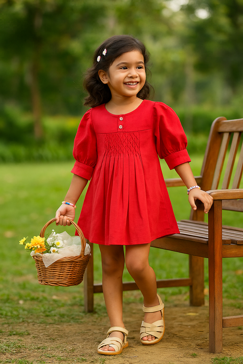 Girls Summer Cotton Dress with Pintuck Detailing - Red