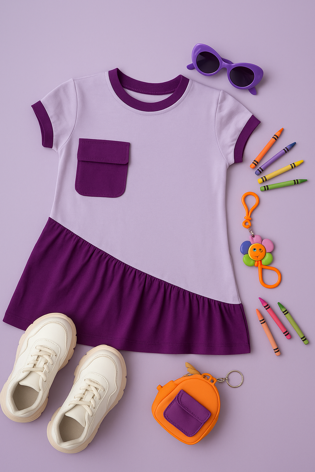 Girls 100% Cotton Knit Lavender Purple Dress with 3D pocket