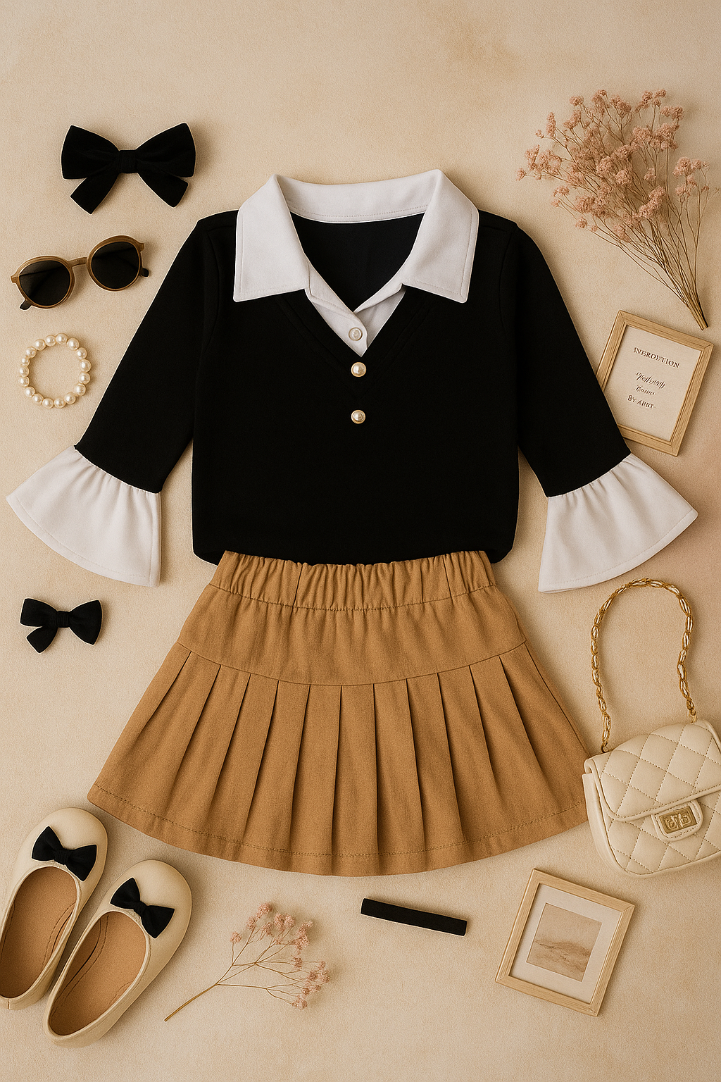 Girls 100% Cotton Knit collared black top with pleated brown skorts set