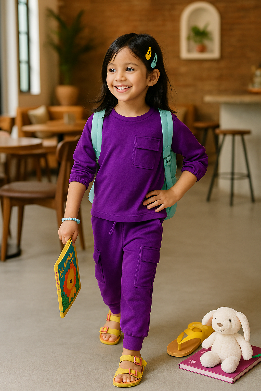 Girls 100% Cotton Knit Purple Loungewear with pockets