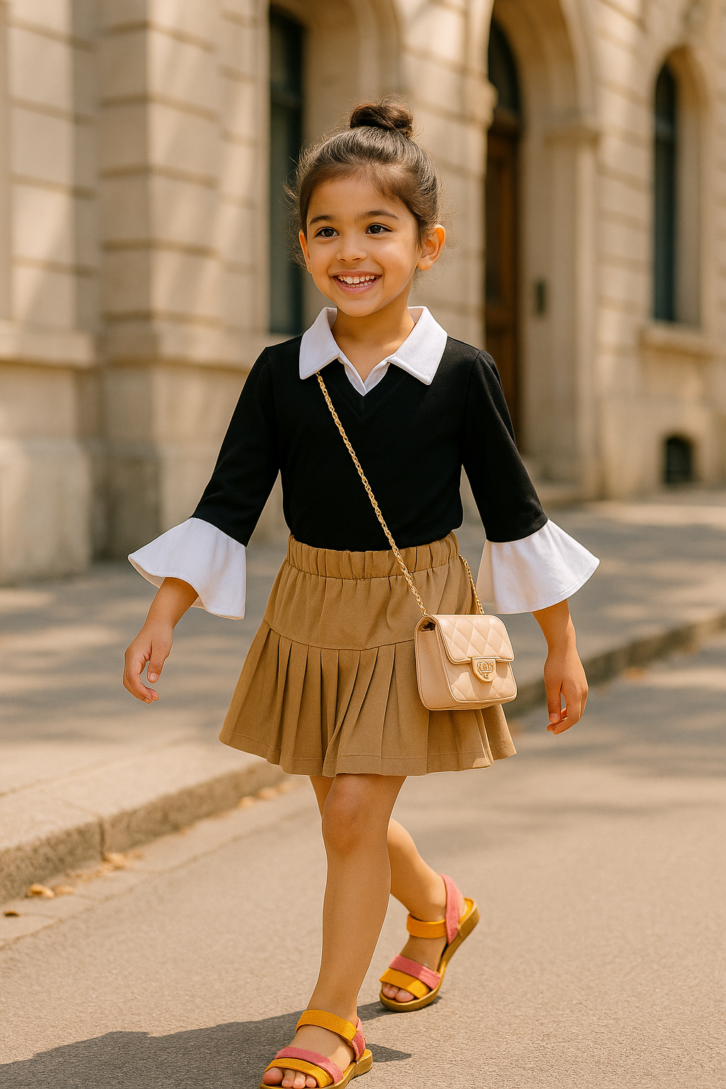Girls 100% Cotton Knit collared black top with pleated brown skorts set