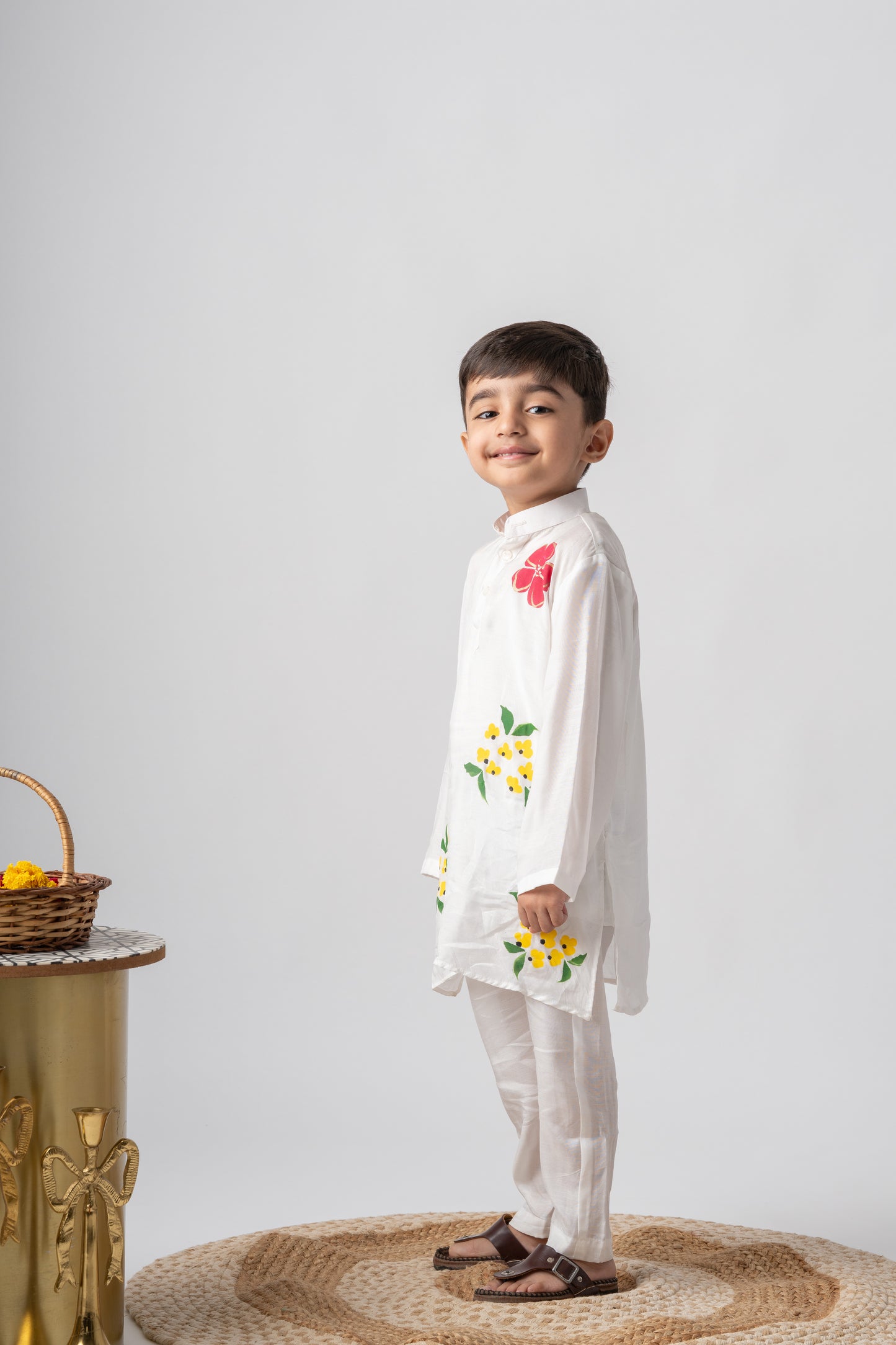 Boys Silk Handpainted Kurta Pant ethnic clothing set - Pastel Petals