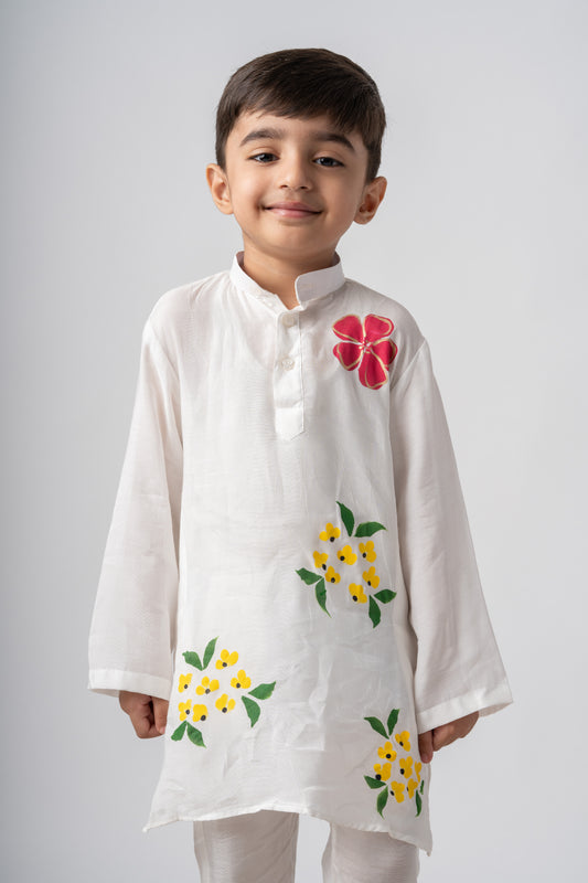 Boys Silk Handpainted Kurta Pant ethnic clothing set - Pastel Petals