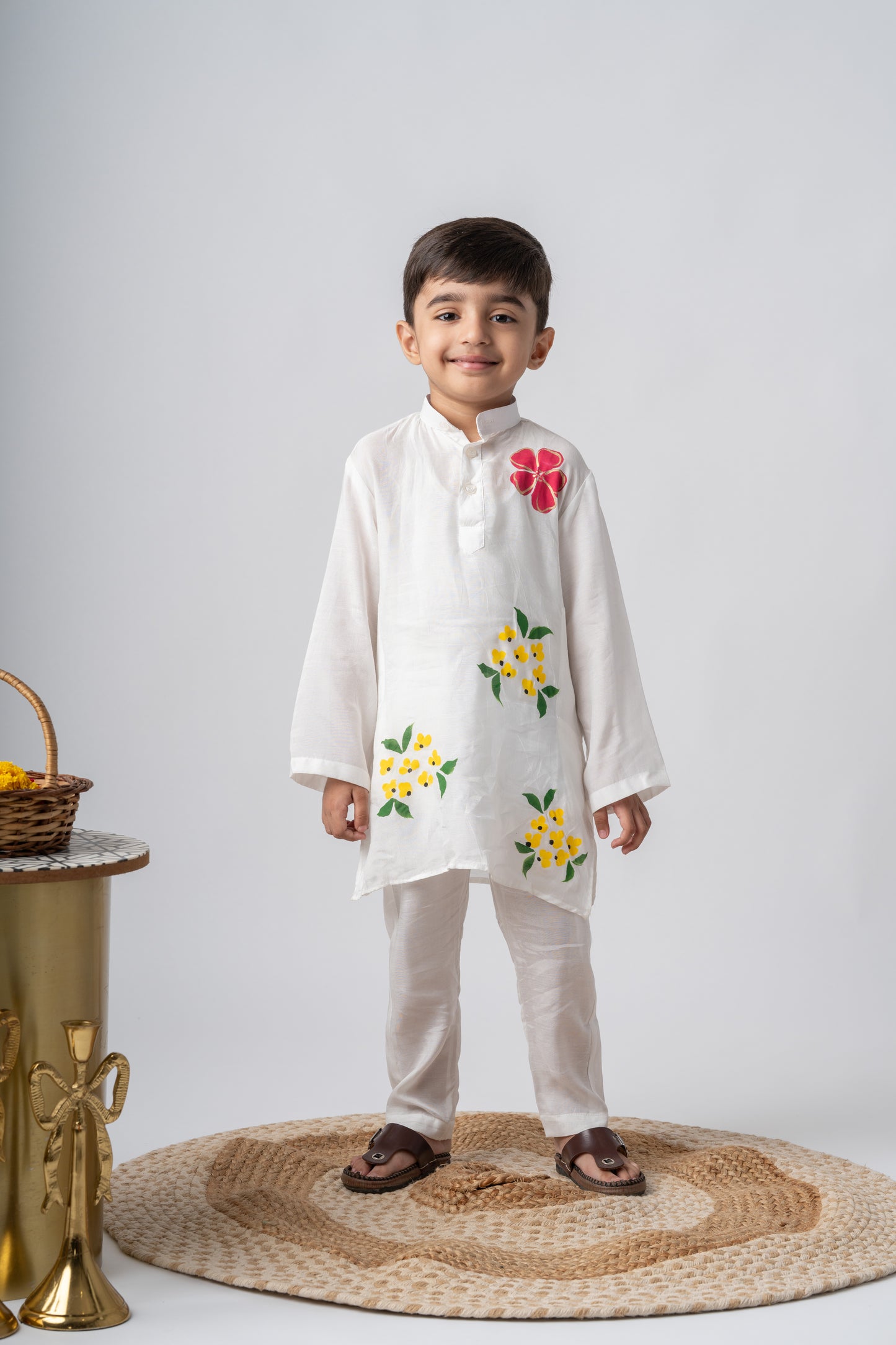 Boys Silk Handpainted Kurta Pant ethnic clothing set - Pastel Petals