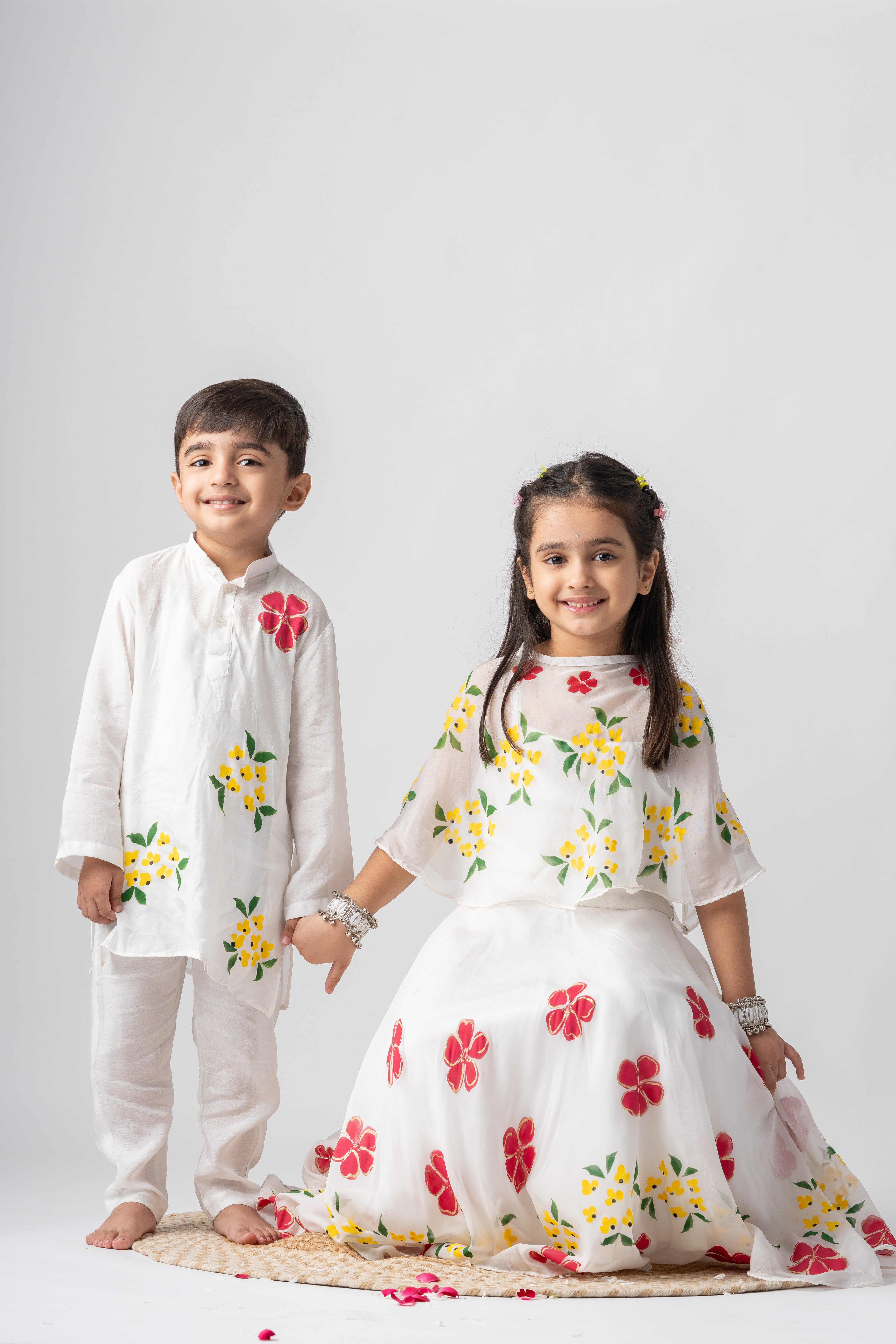 Boys Silk Handpainted Kurta Pant ethnic clothing set - Pastel Petals