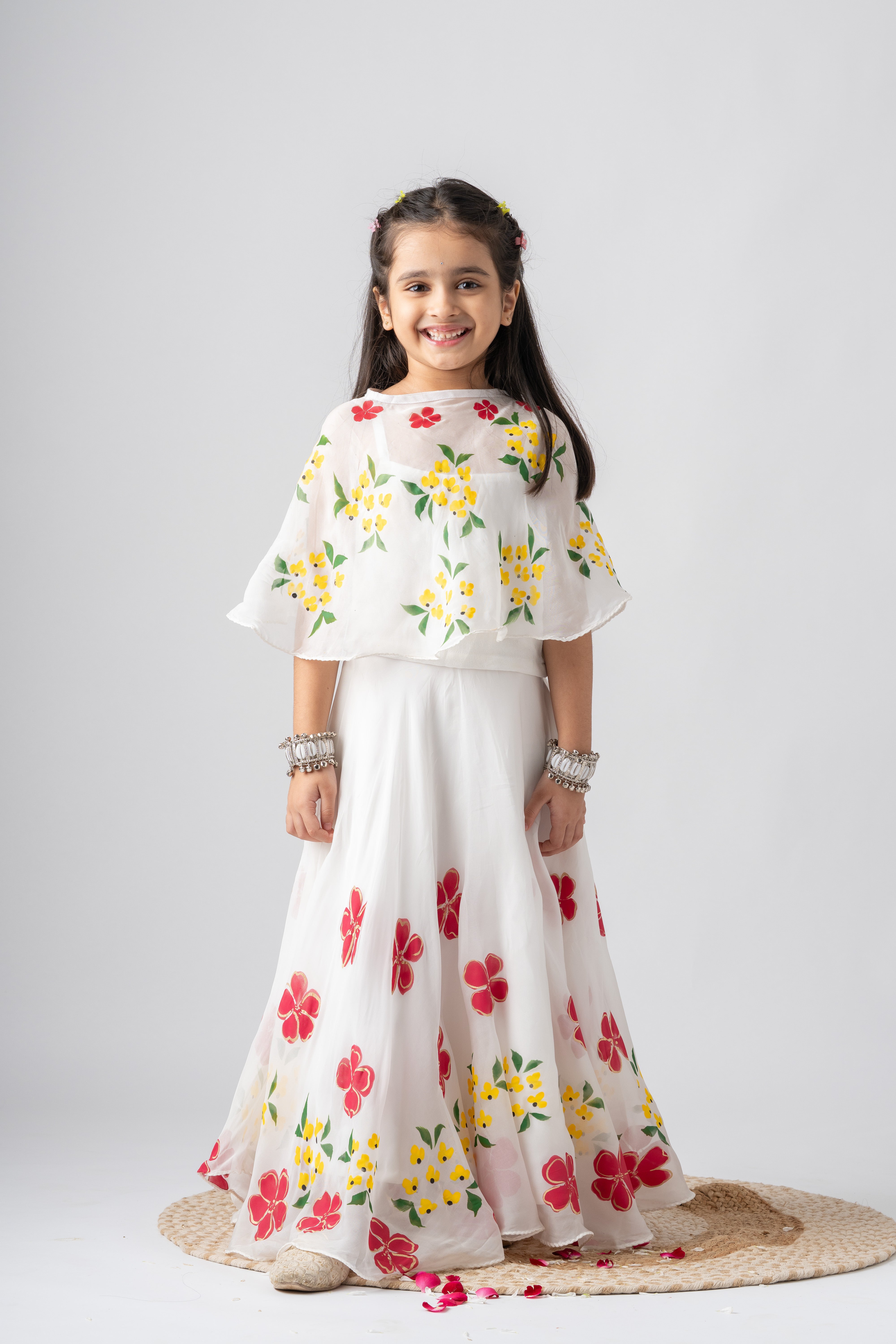 Girls Pure Organza Handpainted Lehenga Choli Set with Cape - Pastel Petals