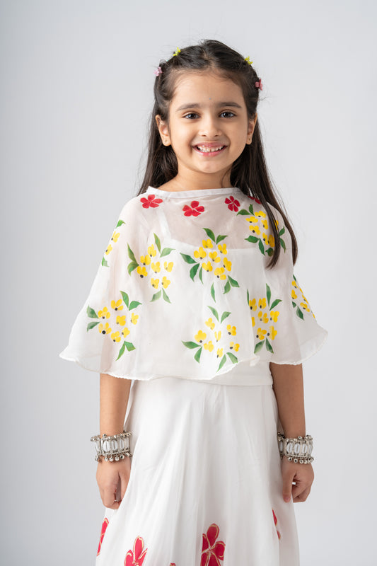Girls Pure Organza Handpainted Lehenga Choli Set with Cape - Pastel Petals