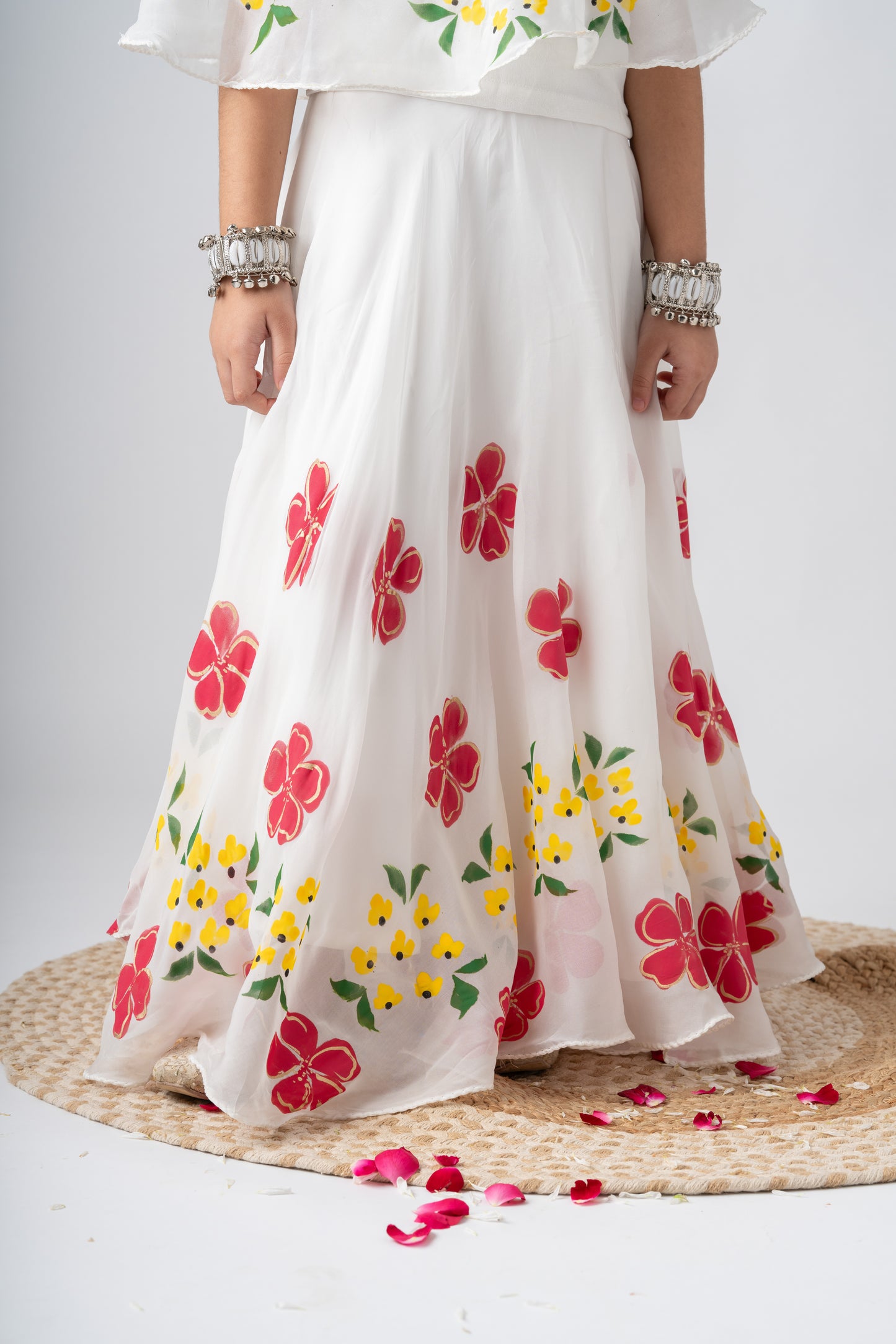 Girls Pure Organza Handpainted Lehenga Choli Set with Cape - Pastel Petals