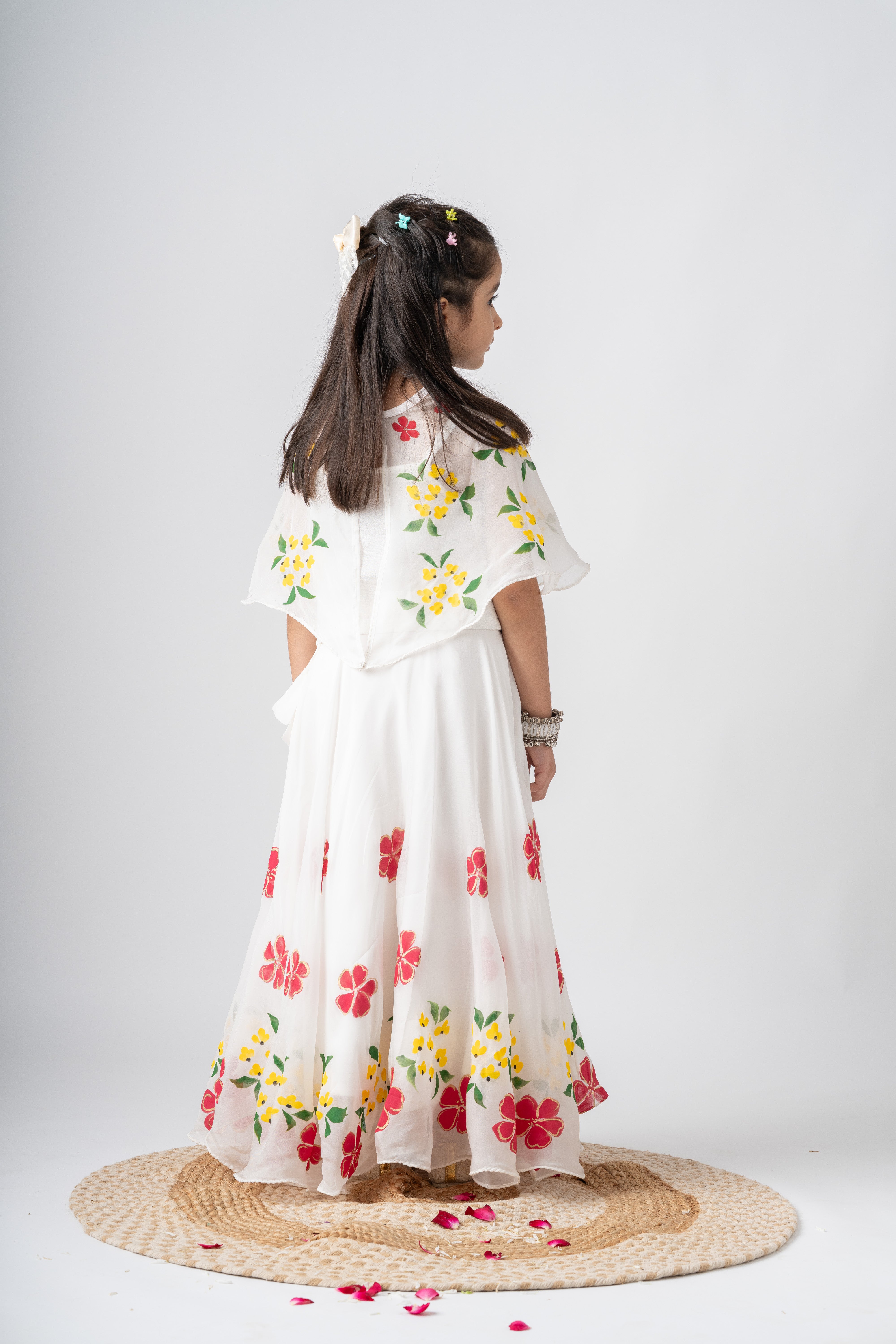 Girls Pure Organza Handpainted Lehenga Choli Set with Cape - Pastel Petals