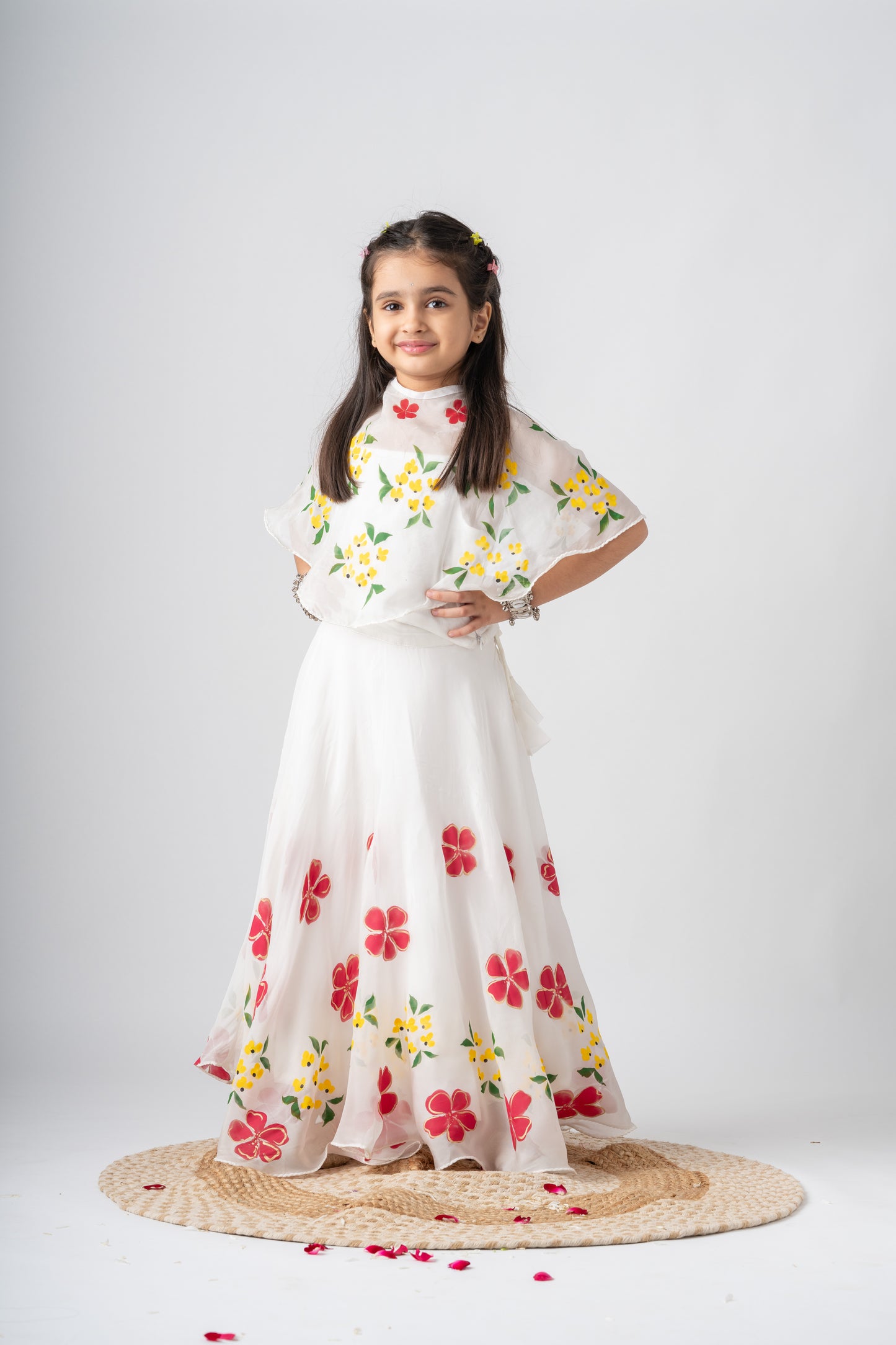 Girls Pure Organza Handpainted Lehenga Choli Set with Cape - Pastel Petals