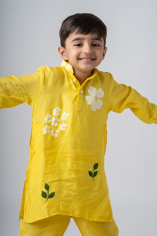 Boys Silk Handpainted Kurta Pant ethnic clothing set - Sunlit Blossoms