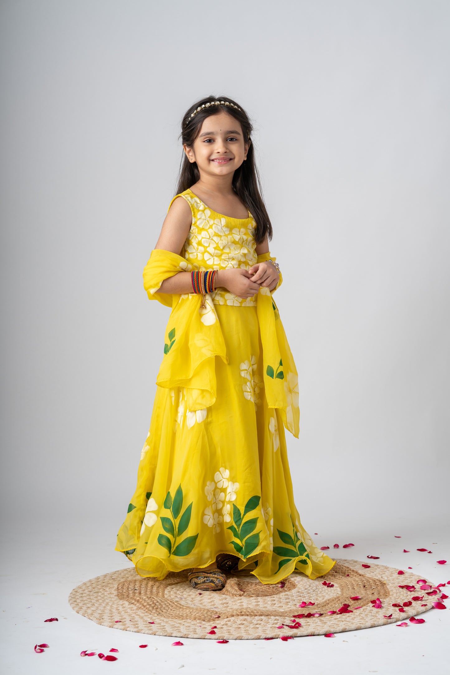 Girls Pure Organza Handpainted Lehenga Choli Set with Dupatta- Sunlit Blossoms