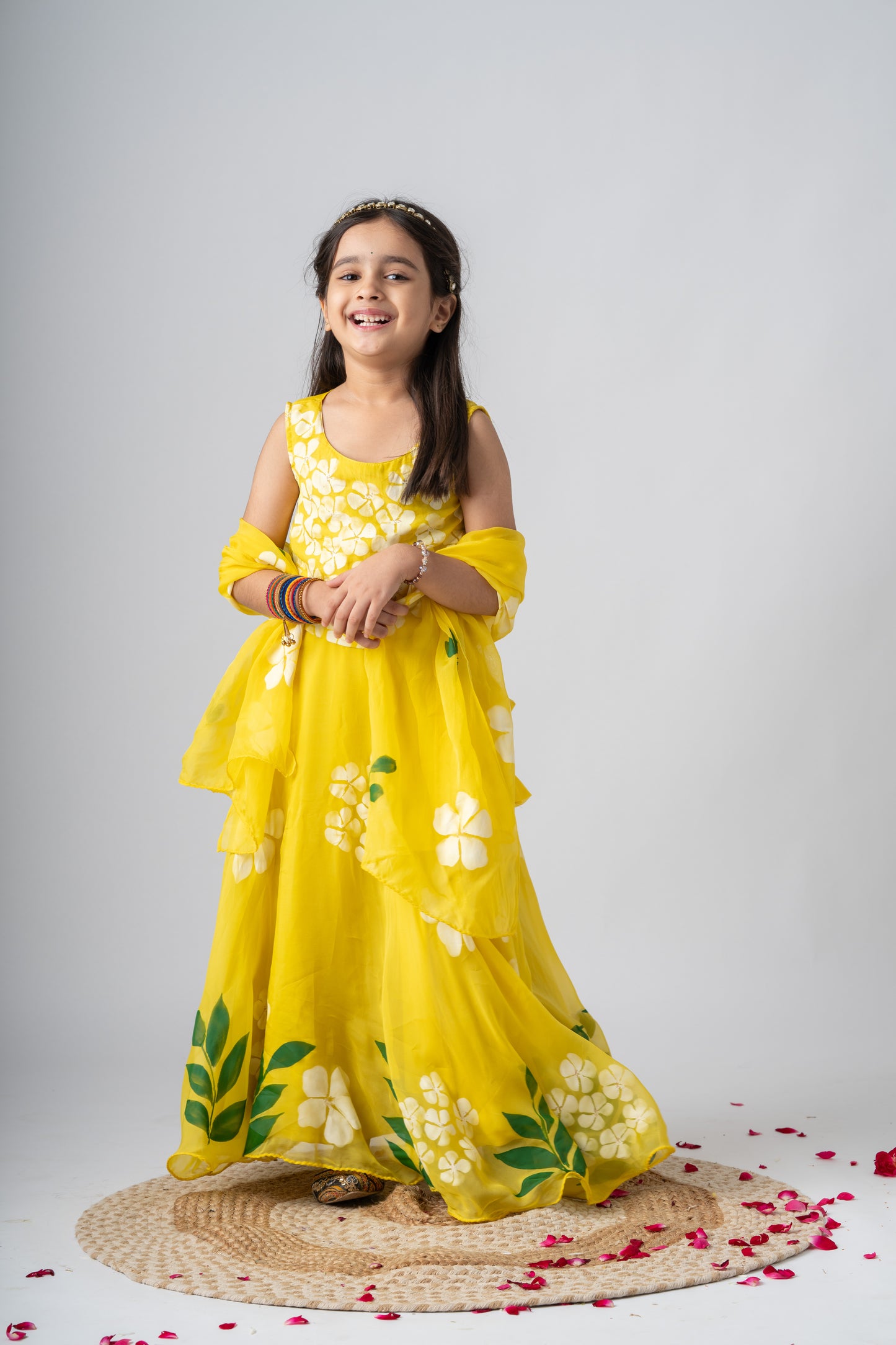 Girls Pure Organza Handpainted Lehenga Choli Set with Dupatta- Sunlit Blossoms