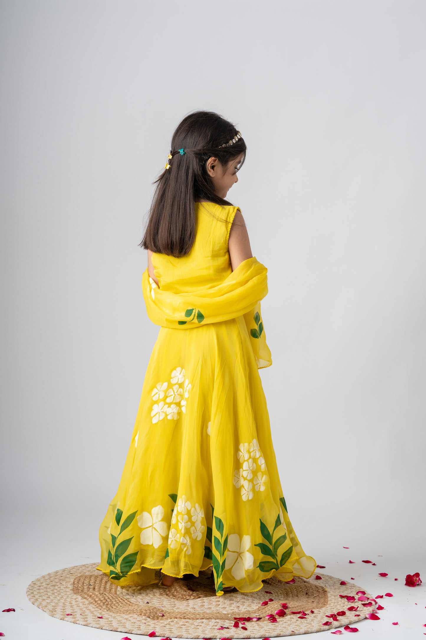 Girls Pure Organza Handpainted Lehenga Choli Set with Dupatta- Sunlit Blossoms