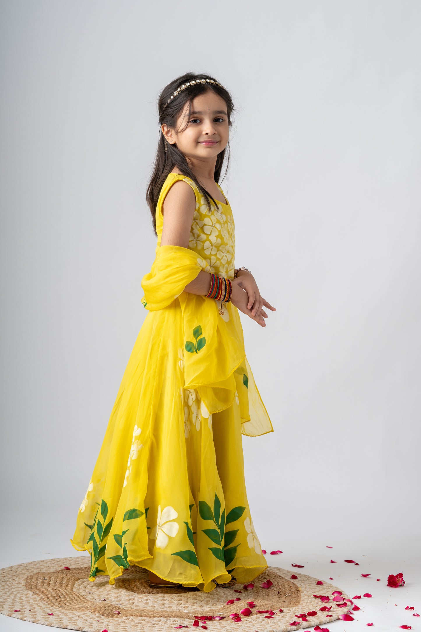 Girls Pure Organza Handpainted Lehenga Choli Set with Dupatta- Sunlit Blossoms