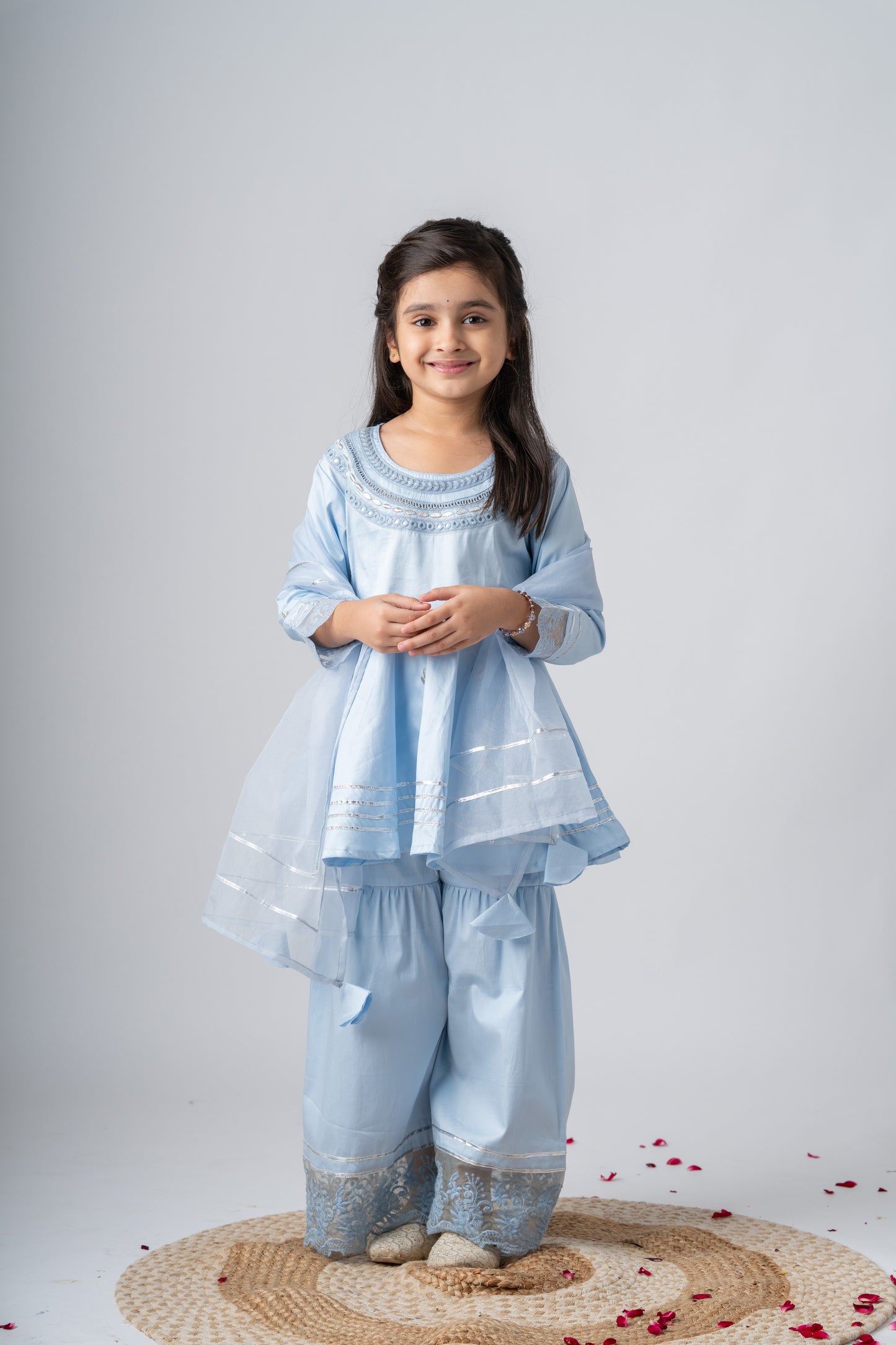 Girls Ambar Kurti and Sharara ethnic set with Dupatta - Ice Blue